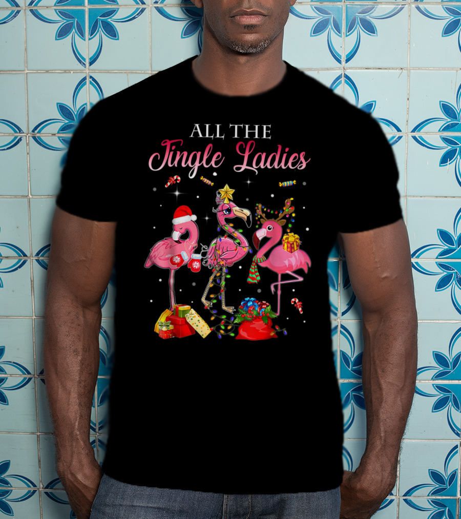 All The Jingle Ladies Christmas Pink Flamingo Santa Hats Presents Lights T-Shirt