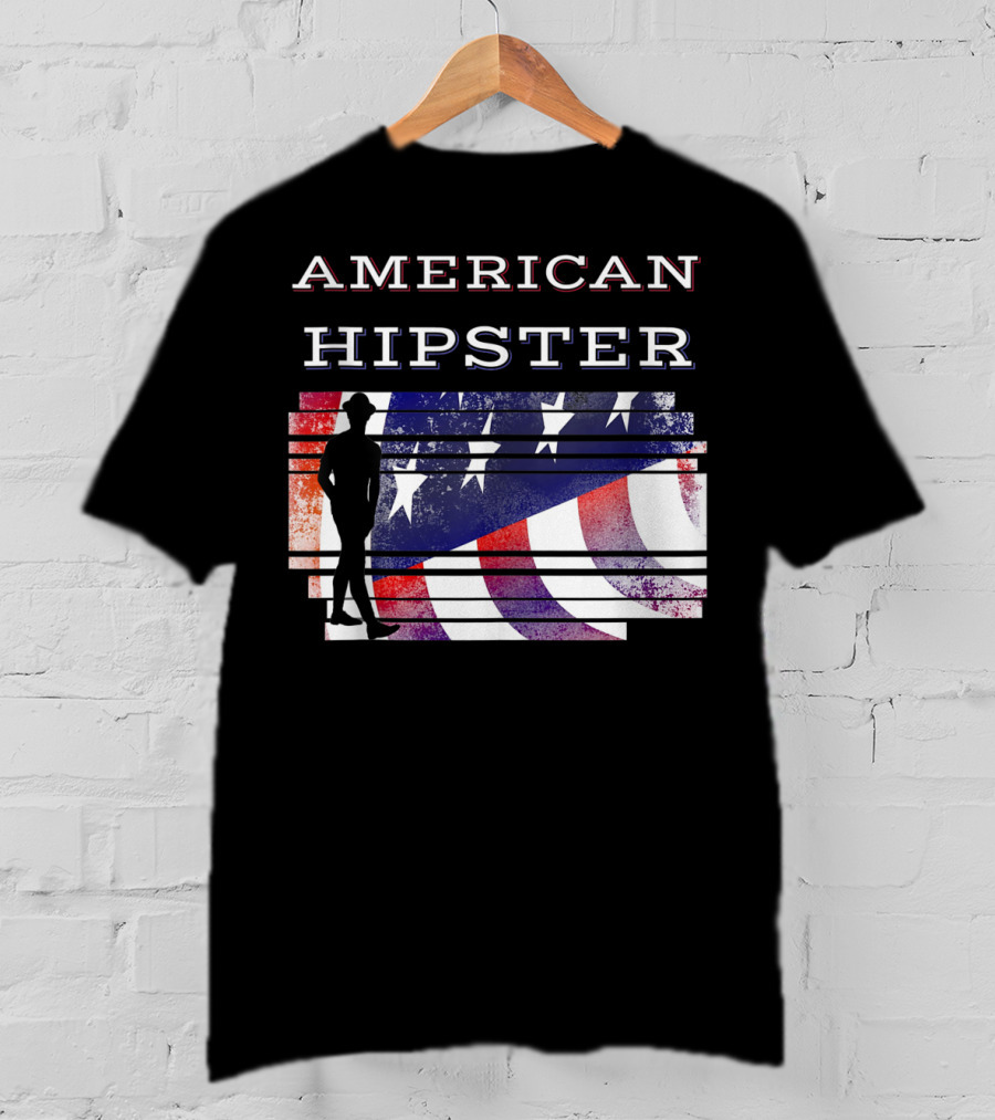 American Hipster Silhouette With Distressed US Flag Background T-Shirt