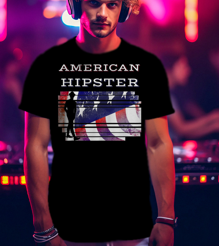American Hipster Silhouette With Distressed US Flag Background T-Shirt