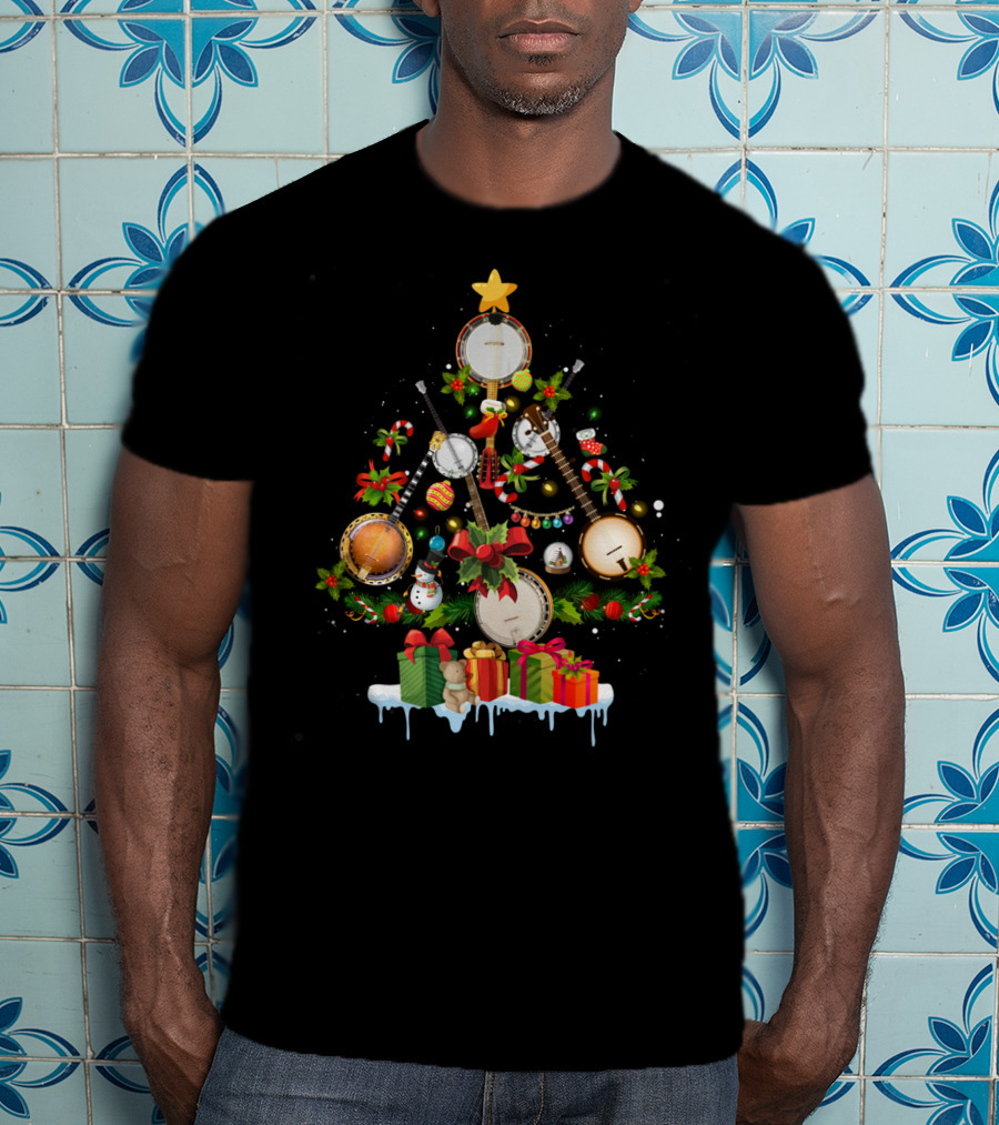 Banjo Christmas Tree With Lights And Gifts T-Shirt