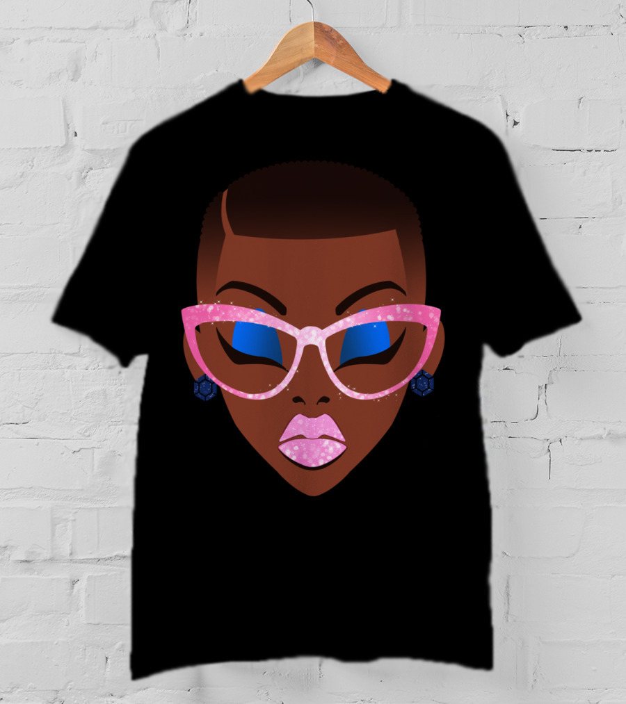 Beautiful Afro Black Girl With Natural Hair Pink Sparkle Glasses T-Shirt