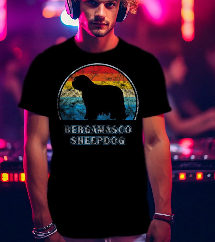 Bergamasco Sheepdog Retro Silhouette Vintage Stripes T-Shirt