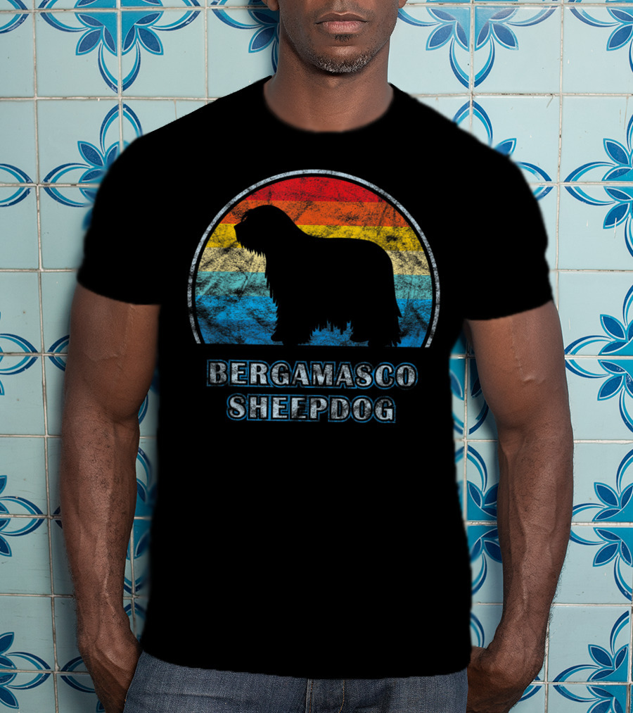 Bergamasco Sheepdog Retro Silhouette Vintage Stripes T-Shirt