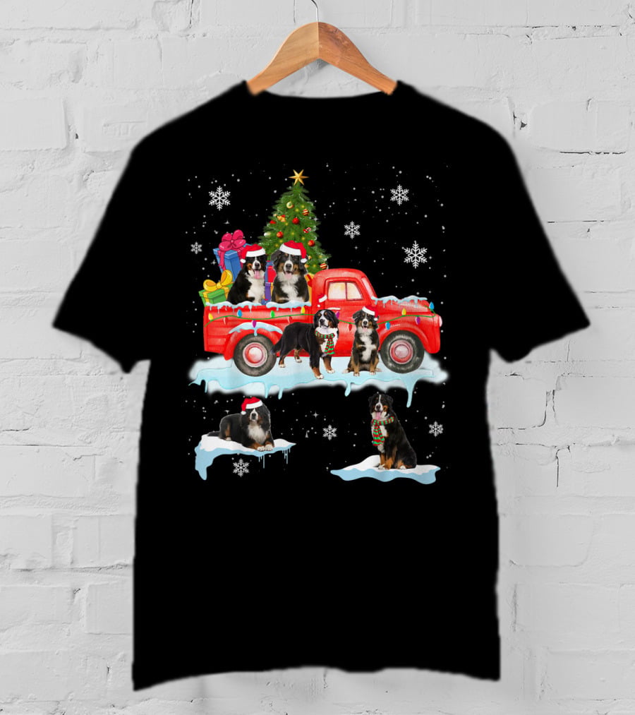 Bernese Mountain Dogs Christmas Red Truck Snowflakes T-Shirt