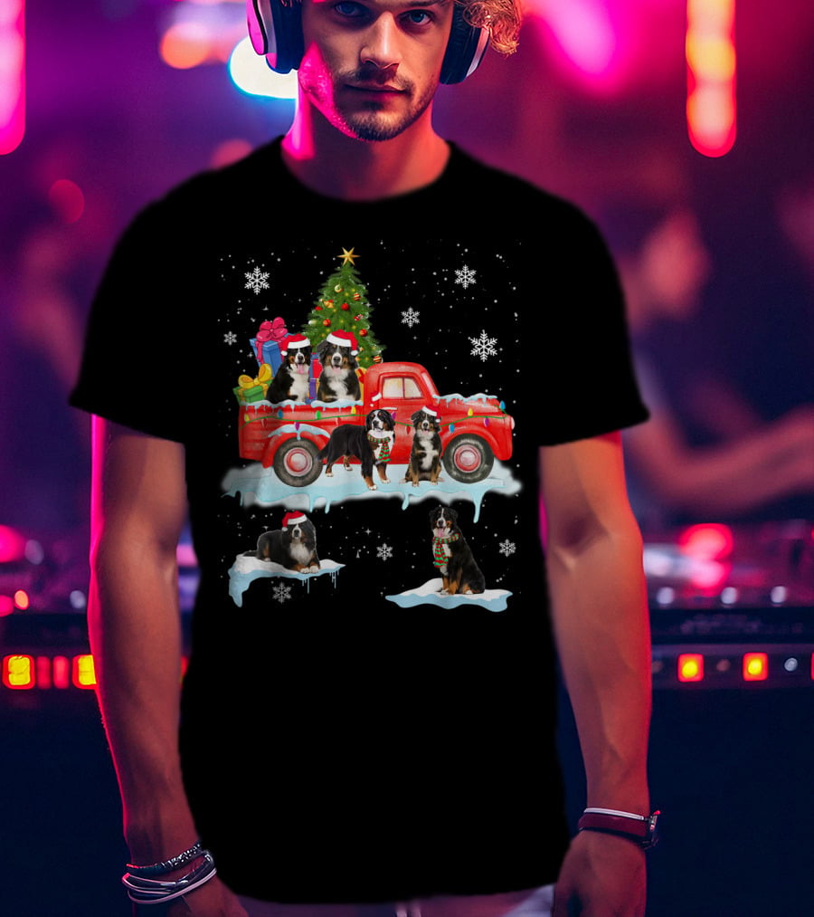 Bernese Mountain Dogs Christmas Red Truck Snowflakes T-Shirt