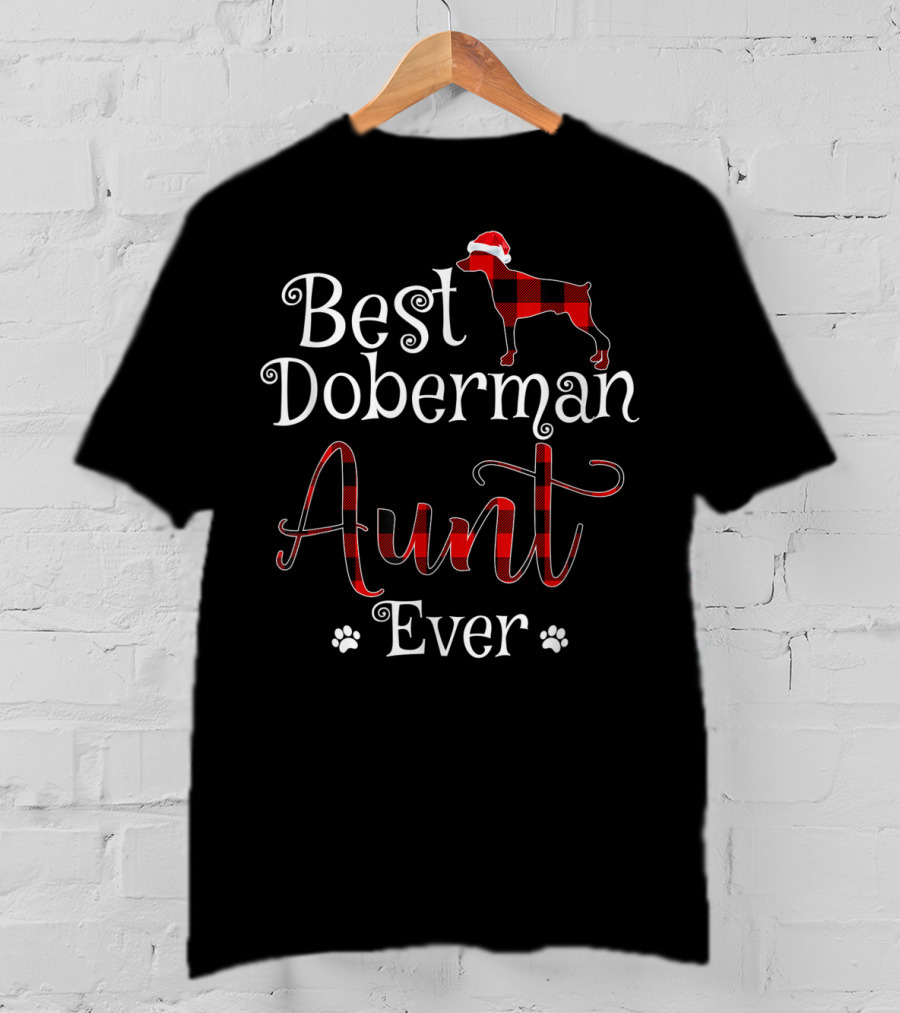 Best Doberman Aunt Ever Plaid Santa Hat Paw Prints T-Shirt