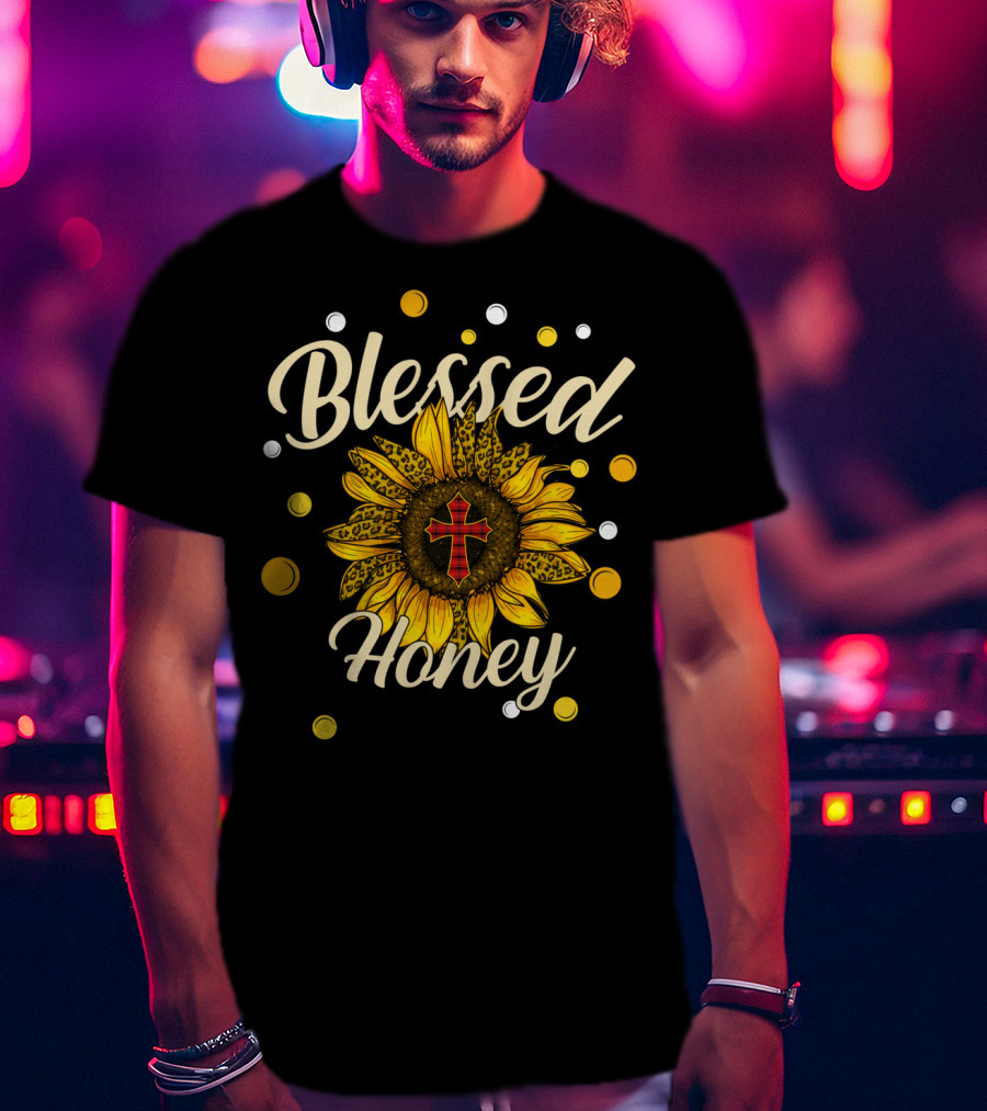 Blessed Honey Sunflower With Cross And Polka Dots T-Shirt