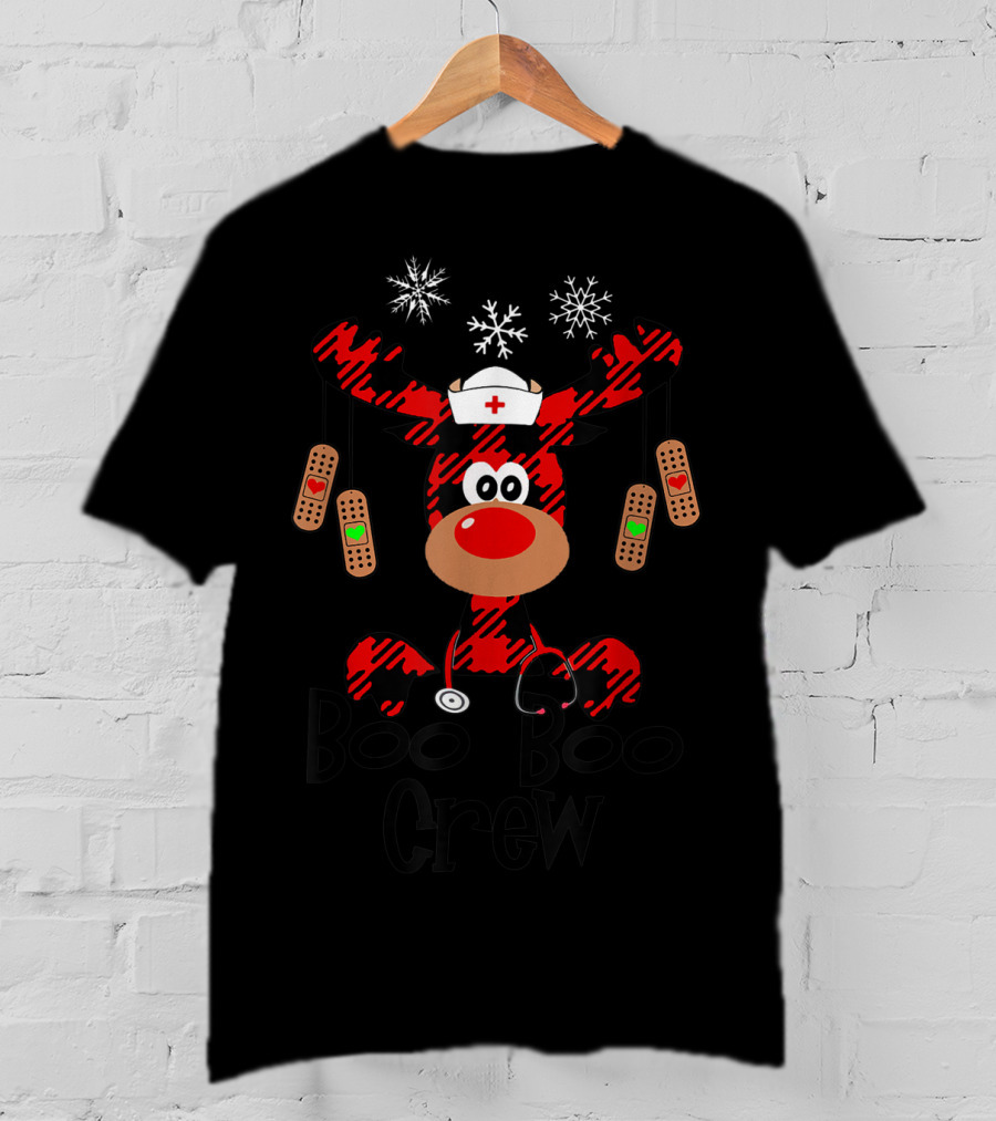 Boo Boo Crew Reindeer Nurse Christmas Buffalo Plaid Bandages Snowflakes T-Shirt