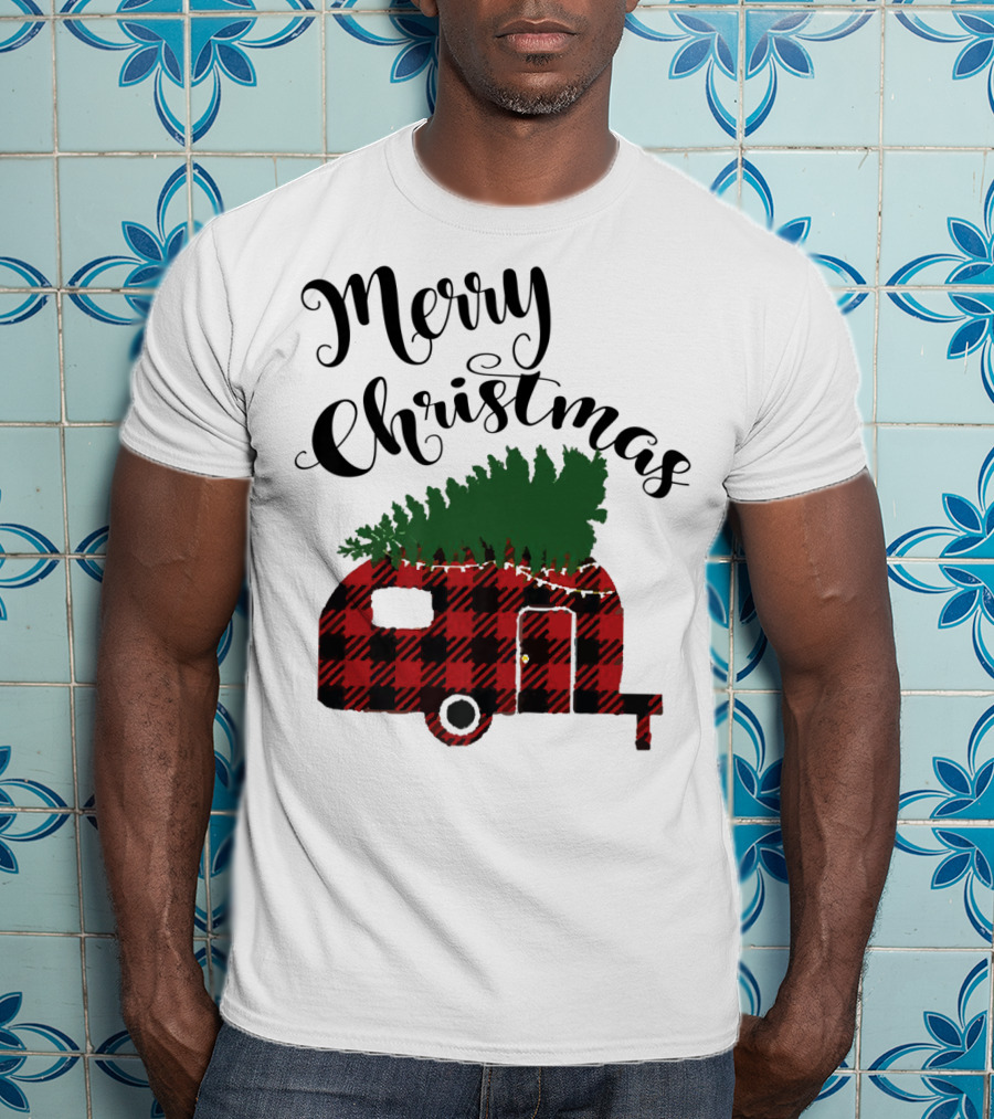 Merry Christmas Buffalo Plaid Camper With Tree T-Shirt