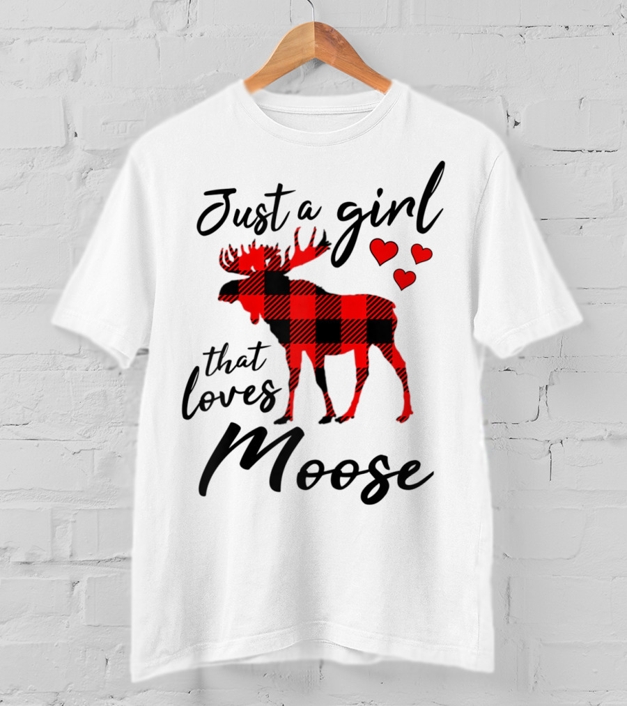 Just A Girl That Loves Moose Buffalo Plaid Hearts T-Shirt