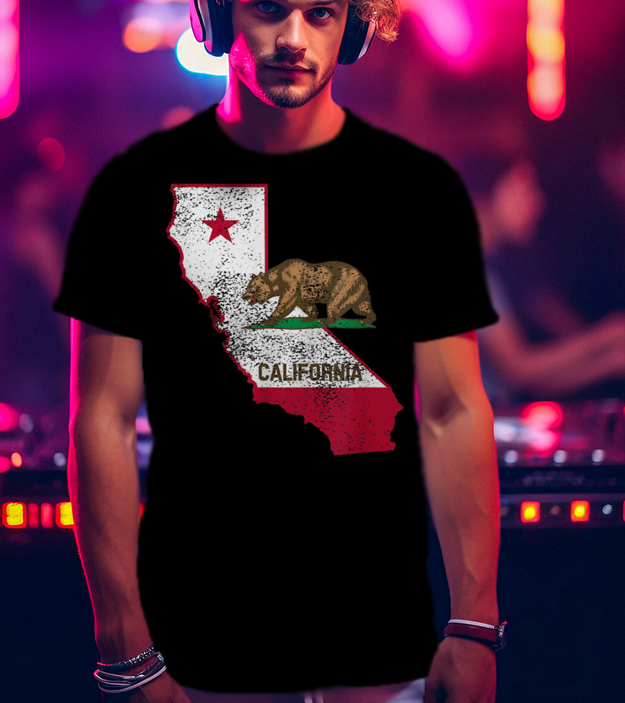 California Flag Bear And Star On State Outline T-Shirt