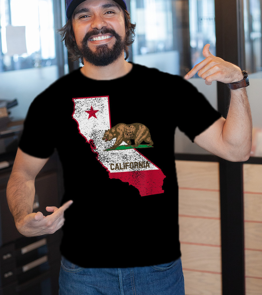 California Flag Bear And Star On State Outline T-Shirt