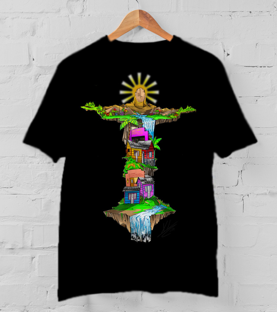 Casitas Dominicanas Brazil Cristo And Colorful Waterfall Houses T-Shirt