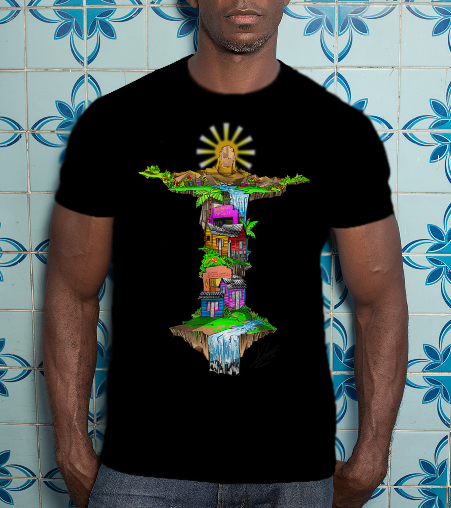 Casitas Dominicanas Brazil Cristo And Colorful Waterfall Houses T-Shirt