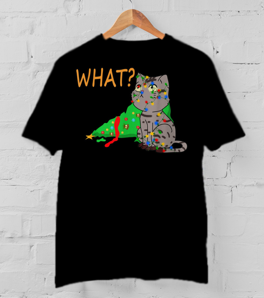 WHAT Funny Black Cat Christmas Tree T-Shirt