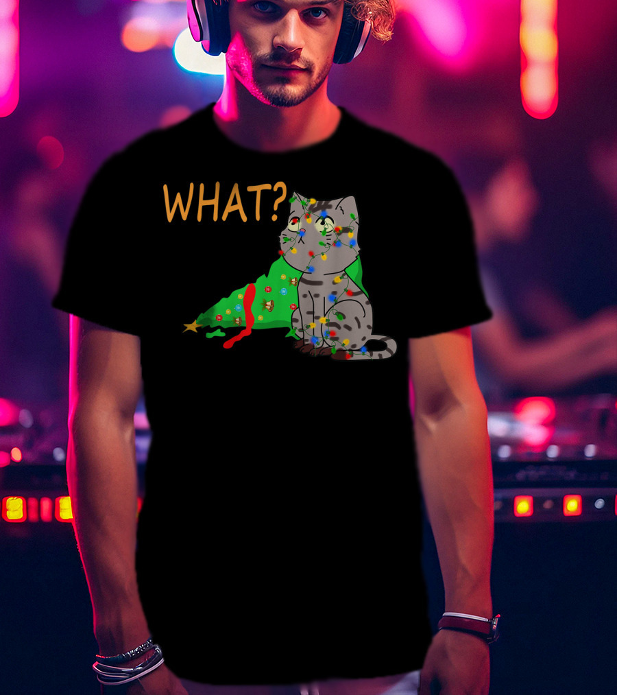 WHAT Funny Black Cat Christmas Tree T-Shirt