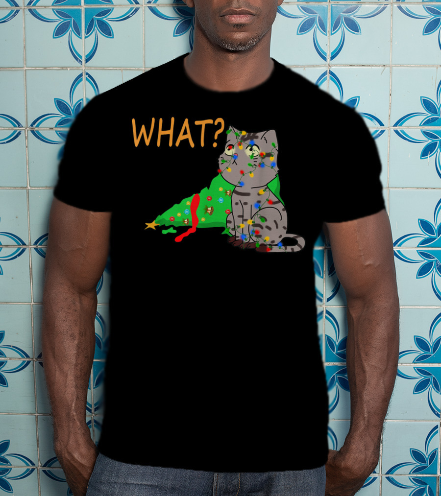 WHAT Funny Black Cat Christmas Tree T-Shirt
