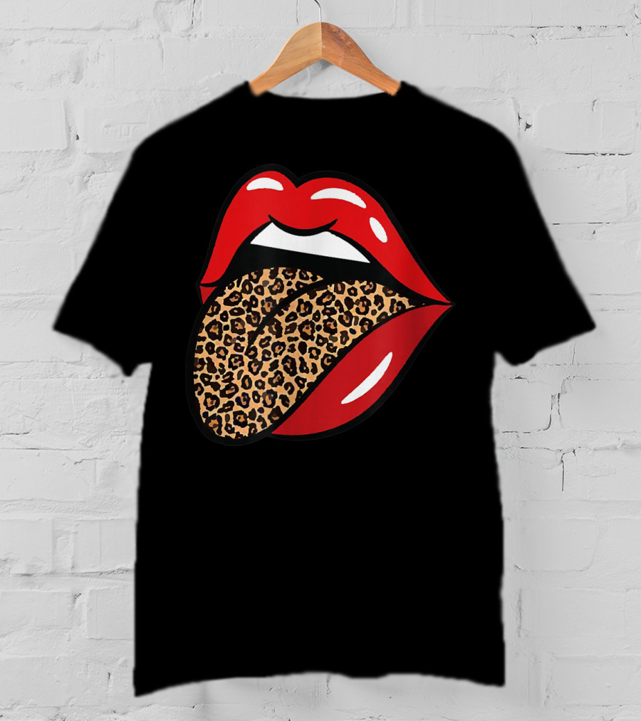 Chic Red Lips Leopard Print Tongue Rock Roll T-Shirt