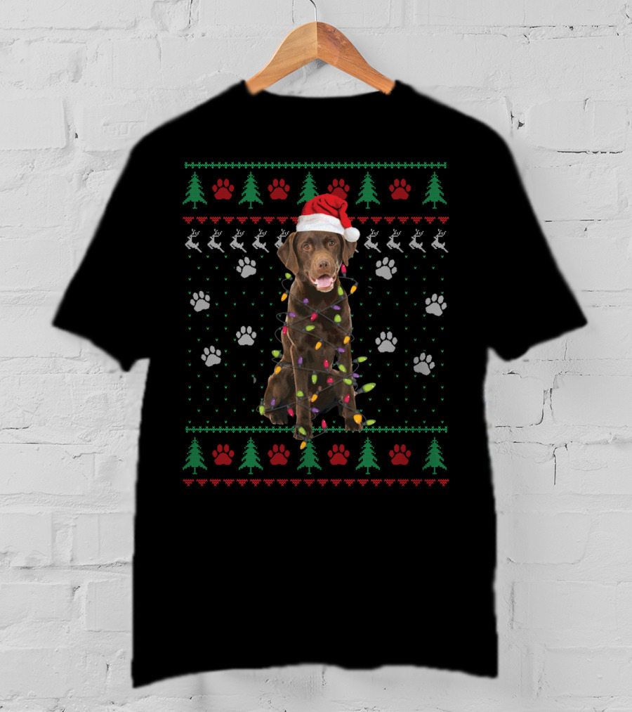 Christmas Chocolate Labrador With Santa Hat And Lights T-Shirt