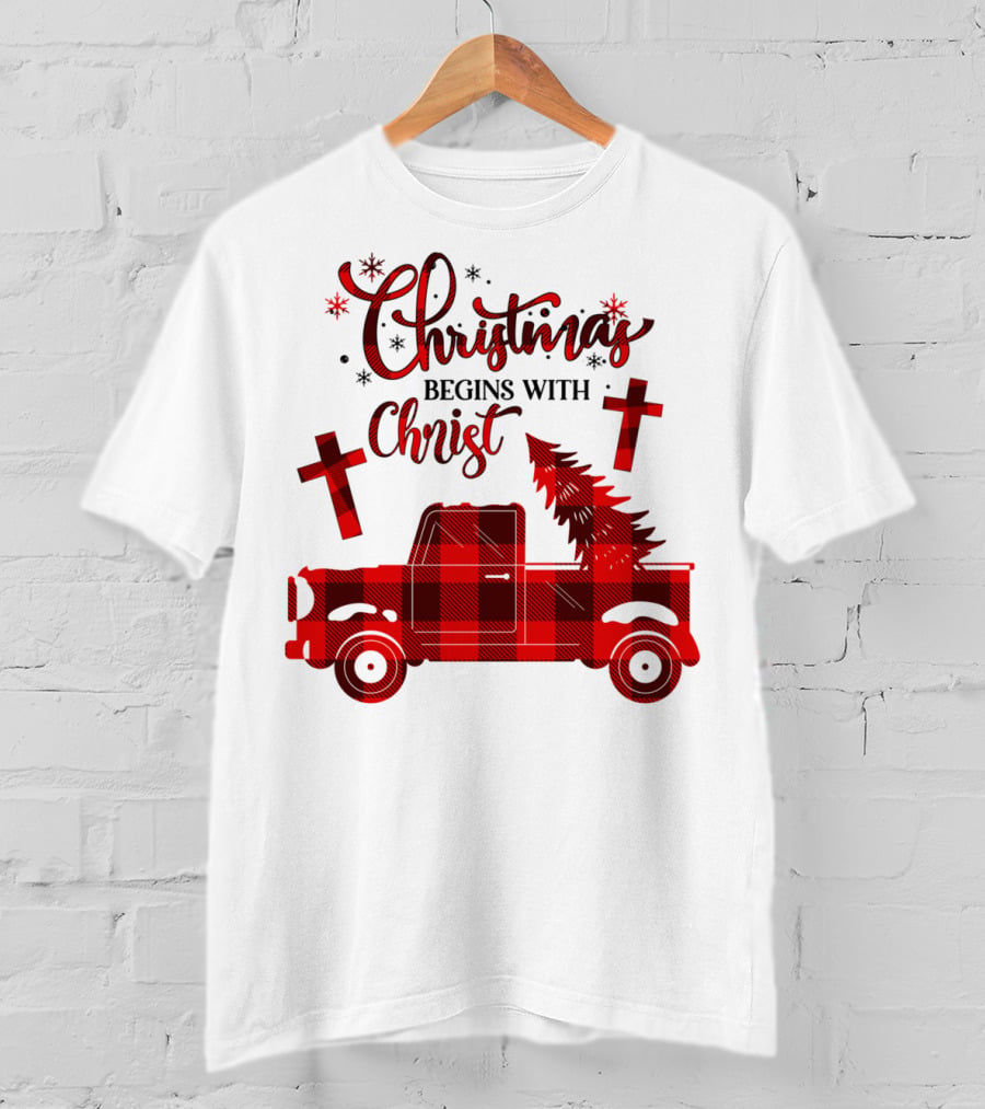 Christmas Begins With Christ Buffalo Plaid Red Truck With Tree And Crosses T-Shirt