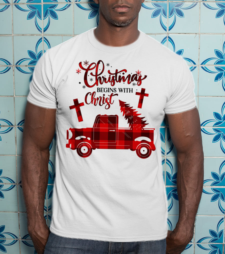Christmas Begins With Christ Buffalo Plaid Red Truck With Tree And Crosses T-Shirt