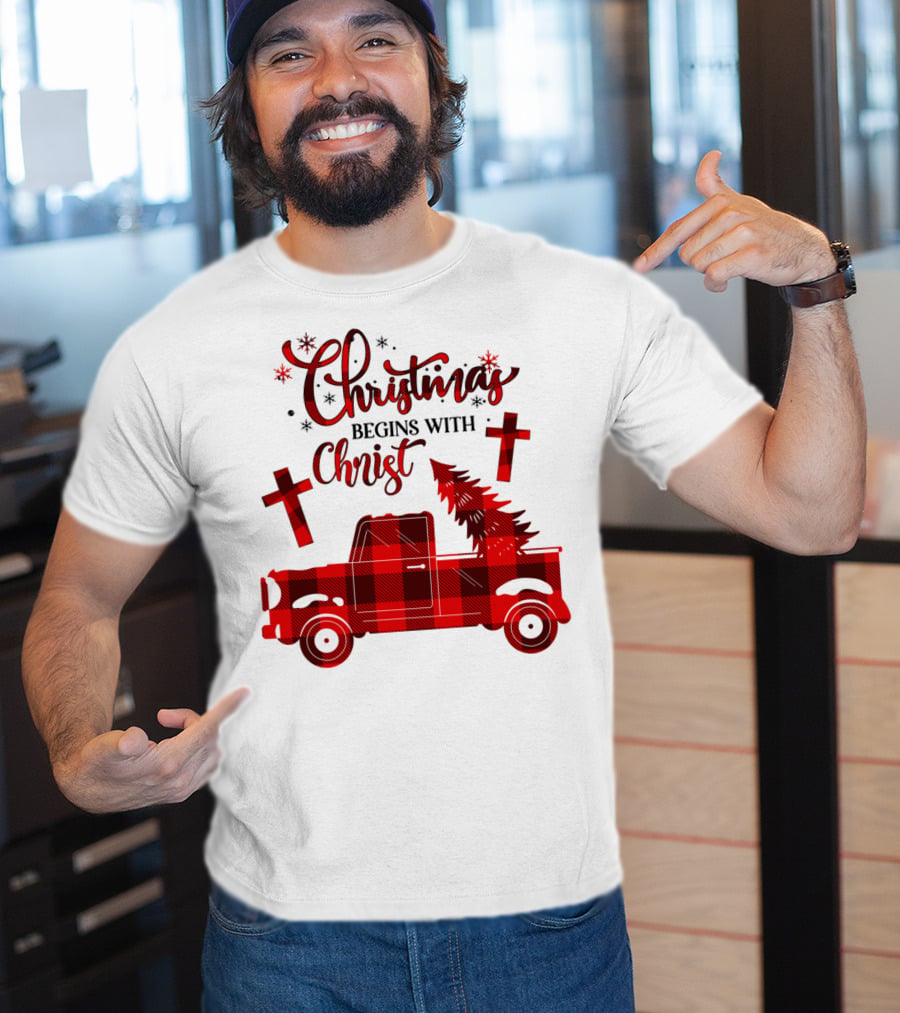 Christmas Begins With Christ Buffalo Plaid Red Truck With Tree And Crosses T-Shirt