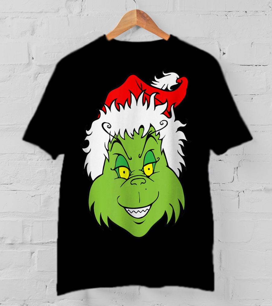 Grinch Christmas Face Santa Hat Smile T-Shirt