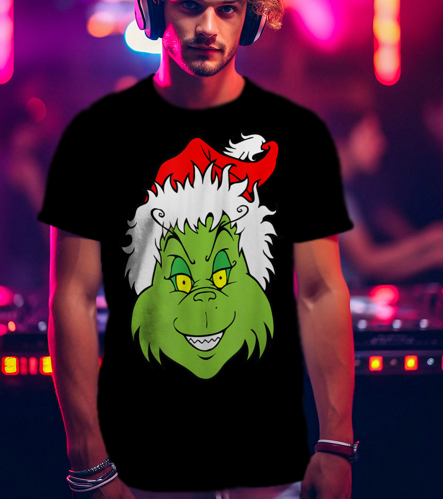 Grinch Christmas Face Santa Hat Smile T-Shirt