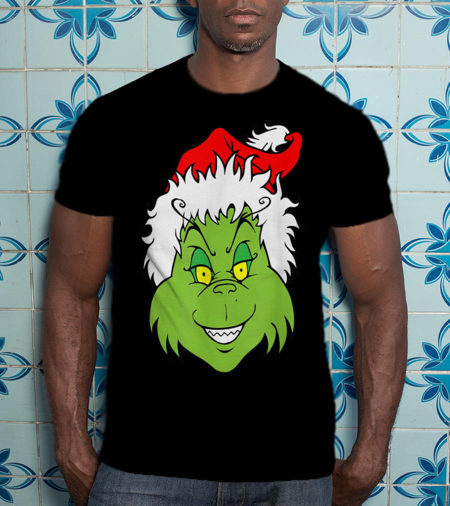 Grinch Christmas Face Santa Hat Smile T-Shirt