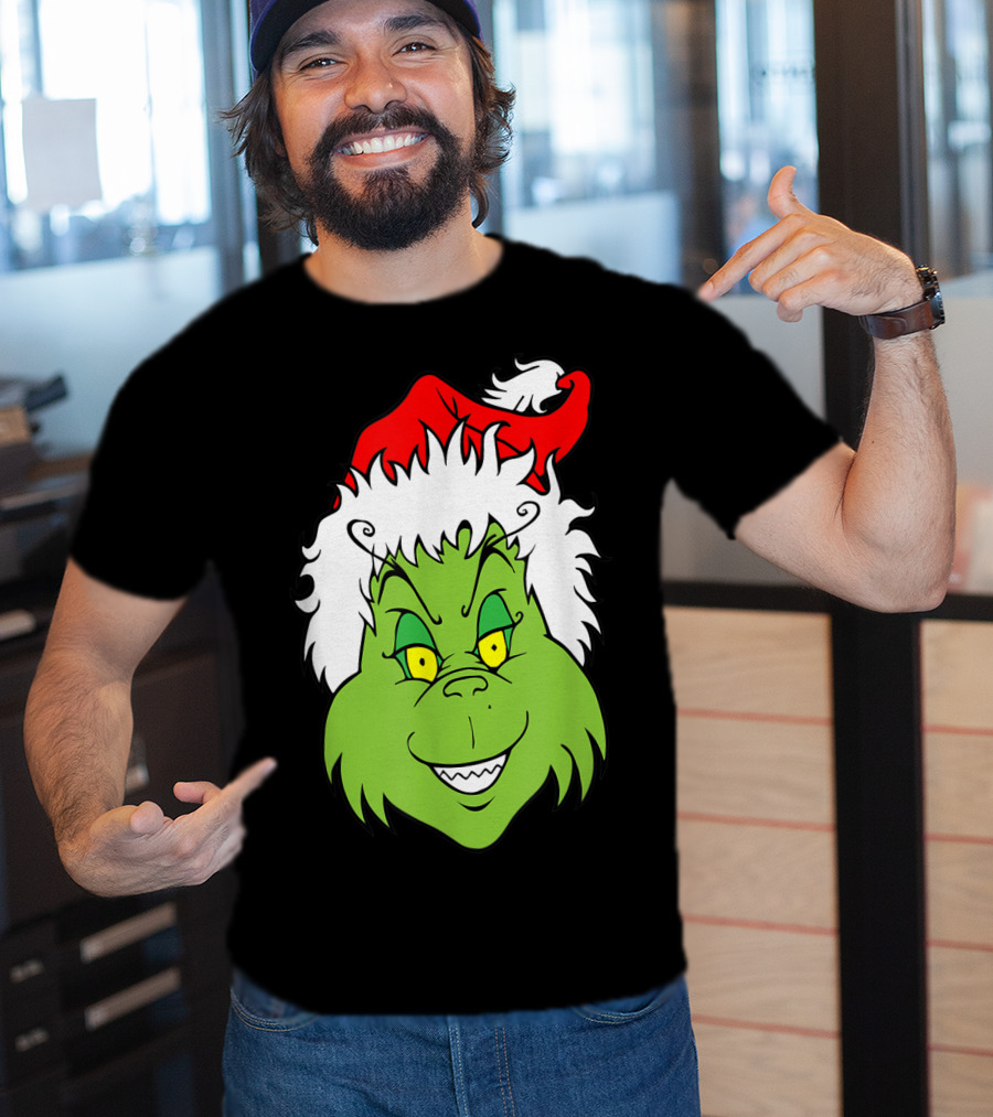Grinch Christmas Face Santa Hat Smile T-Shirt