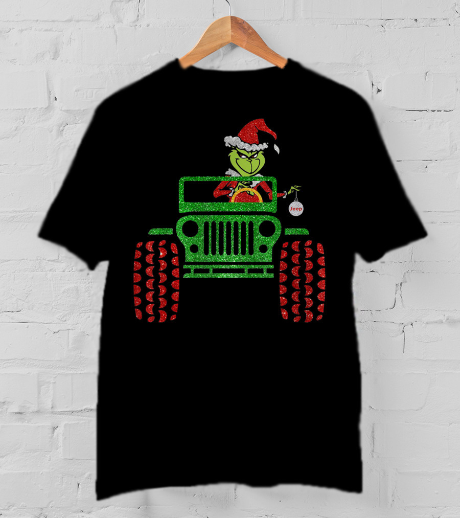 Christmas Grinch Driving Jeep Santa Hat Red Green Glitter Style Jeep T-Shirt