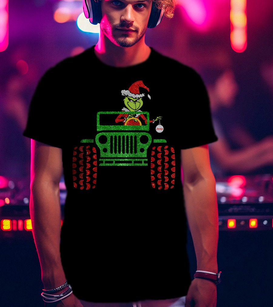 Christmas Grinch Driving Jeep Santa Hat Red Green Glitter Style Jeep T-Shirt