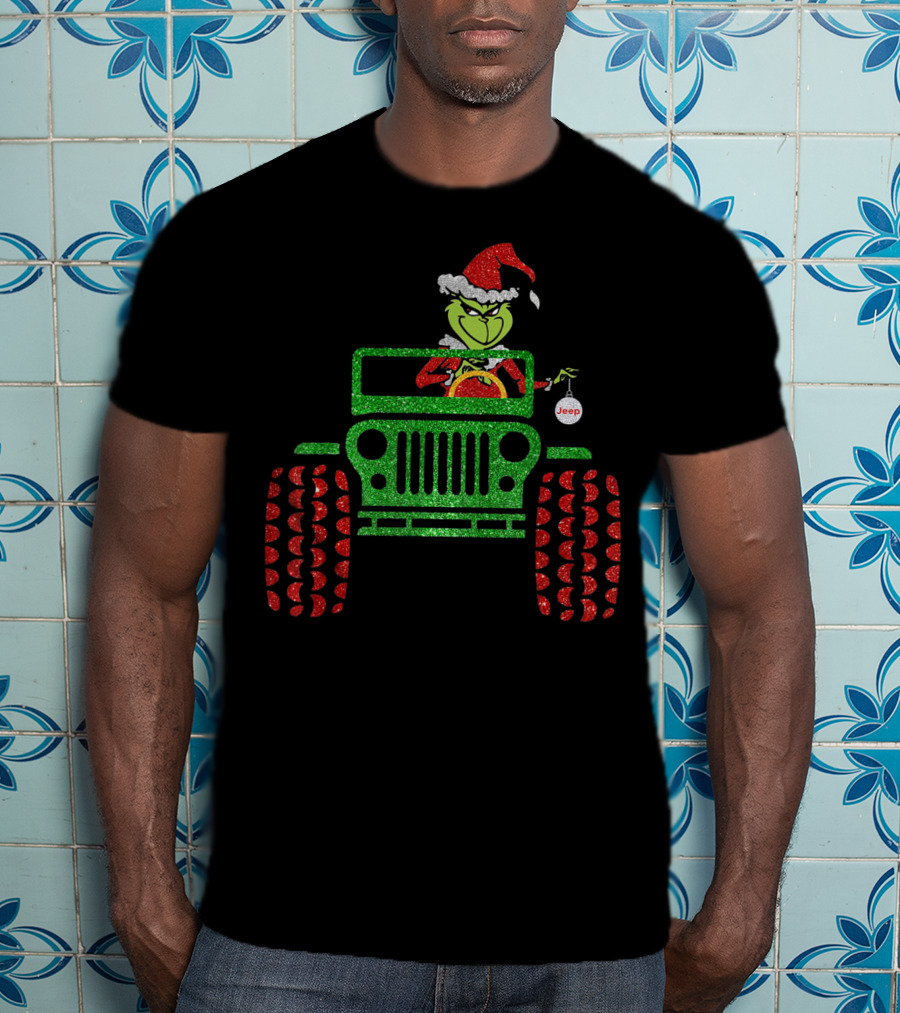 Christmas Grinch Driving Jeep Santa Hat Red Green Glitter Style Jeep T-Shirt