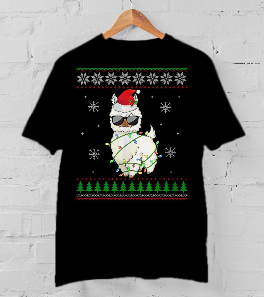 Santa Hat Sunglasses Llama Wrapped In Christmas Lights With Snowflakes And Trees T-Shirt