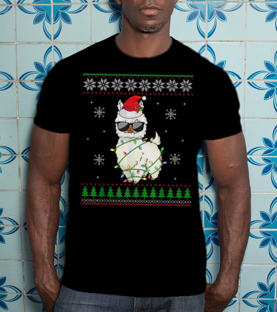 Santa Hat Sunglasses Llama Wrapped In Christmas Lights With Snowflakes And Trees T-Shirt