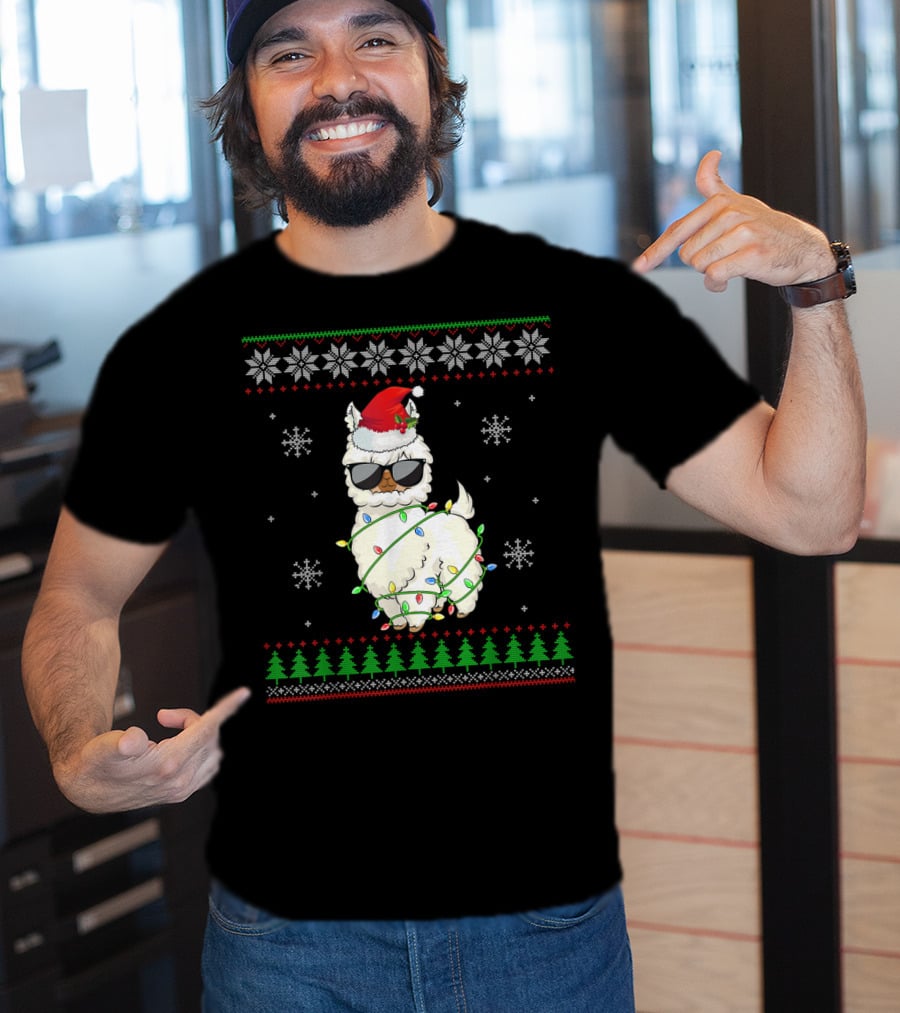 Santa Hat Sunglasses Llama Wrapped In Christmas Lights With Snowflakes And Trees T-Shirt