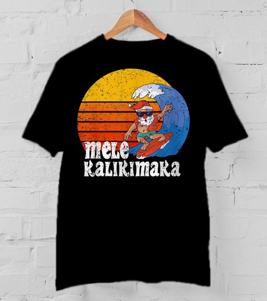 Mele Kalikimaka Surfing Santa Sunset Wave T-Shirt