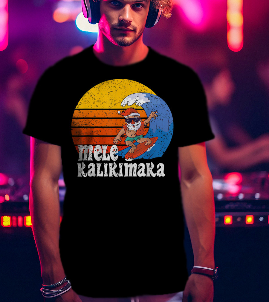 Mele Kalikimaka Surfing Santa Sunset Wave T-Shirt