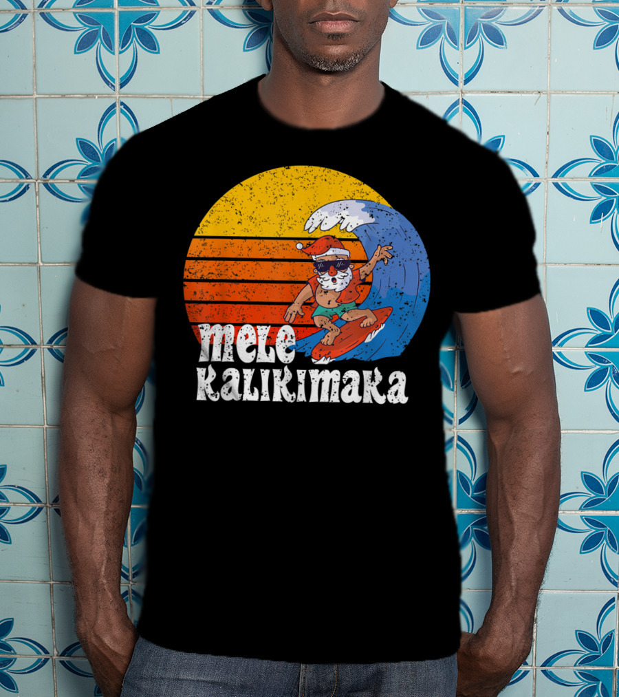 Mele Kalikimaka Surfing Santa Sunset Wave T-Shirt