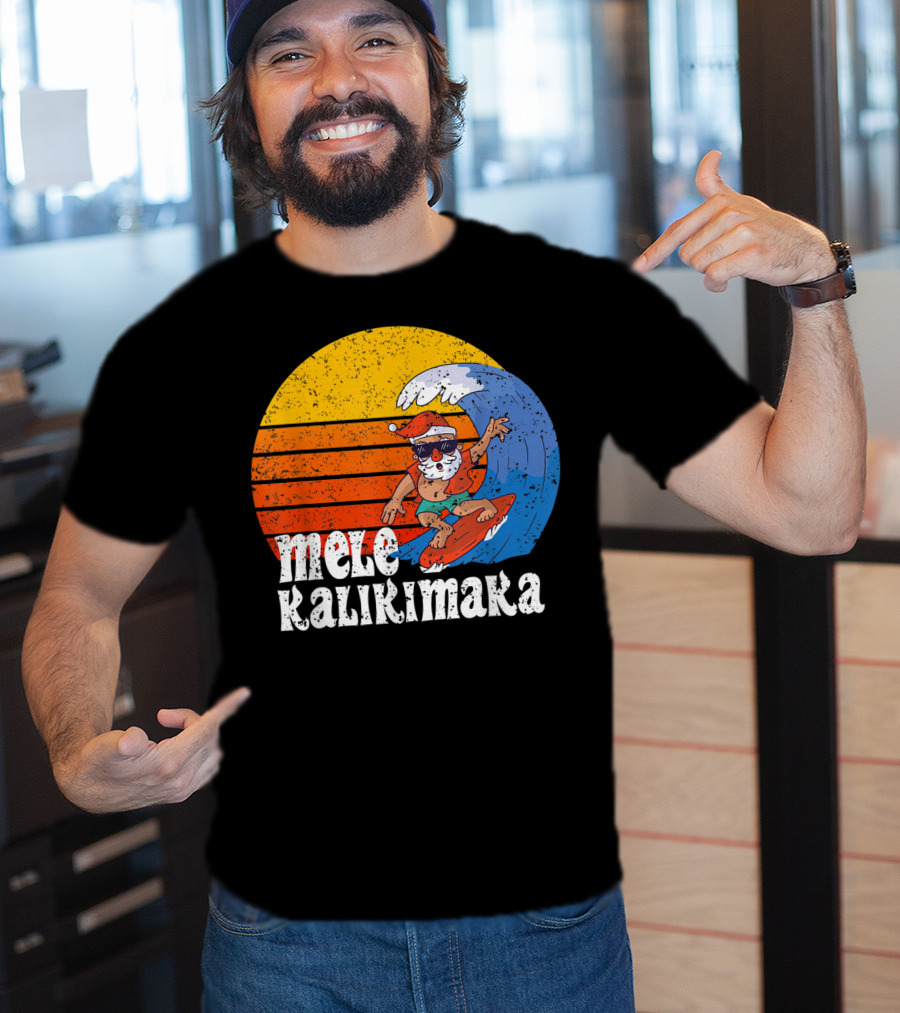Mele Kalikimaka Surfing Santa Sunset Wave T-Shirt