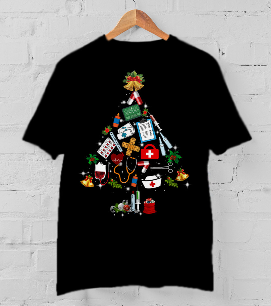 Christmas Tree Medical Tools Funny Nurse Stethoscope And Pills T-Shirt