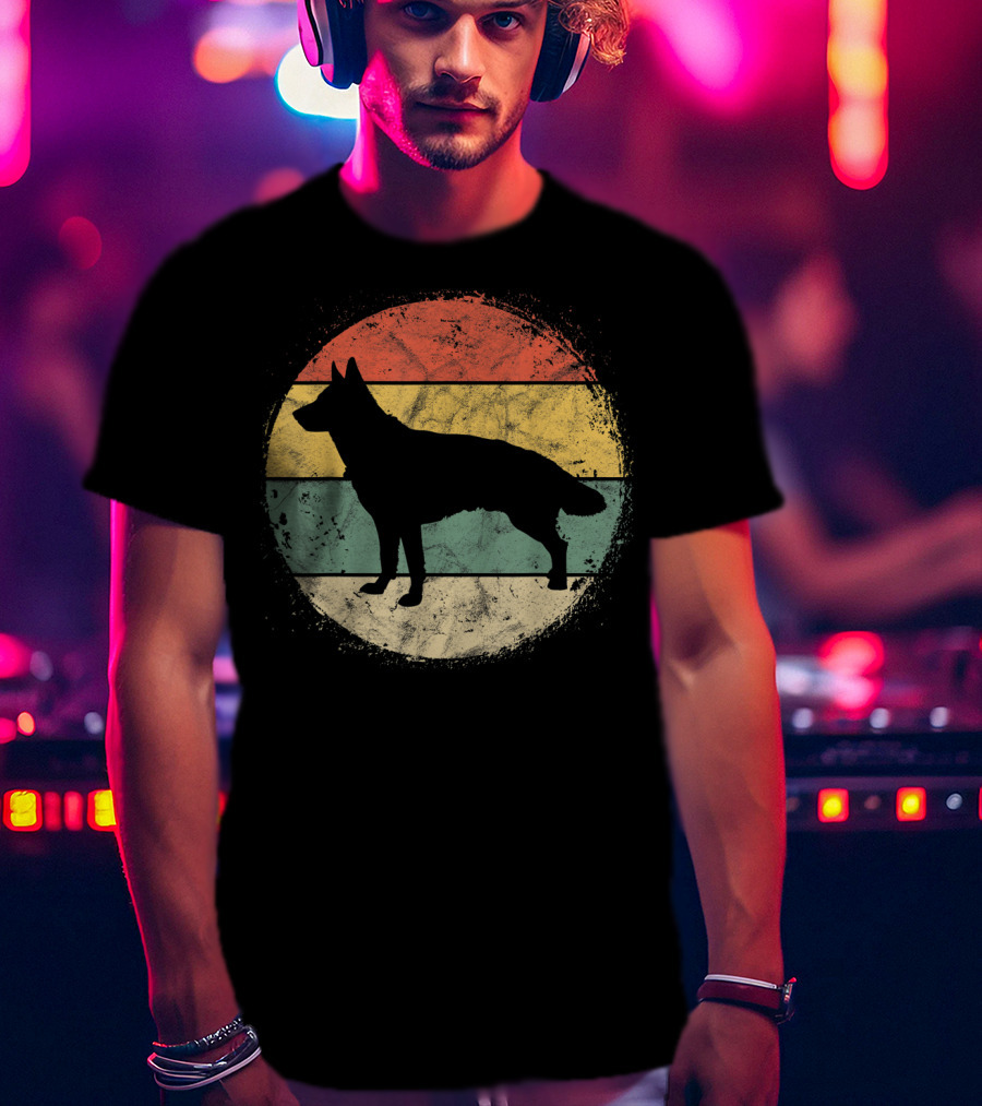 Vintage Circular German Shepherd Silhouette Retro Stripes T-Shirt