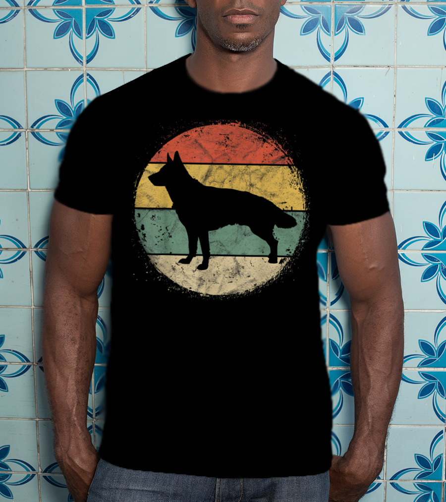 Vintage Circular German Shepherd Silhouette Retro Stripes T-Shirt
