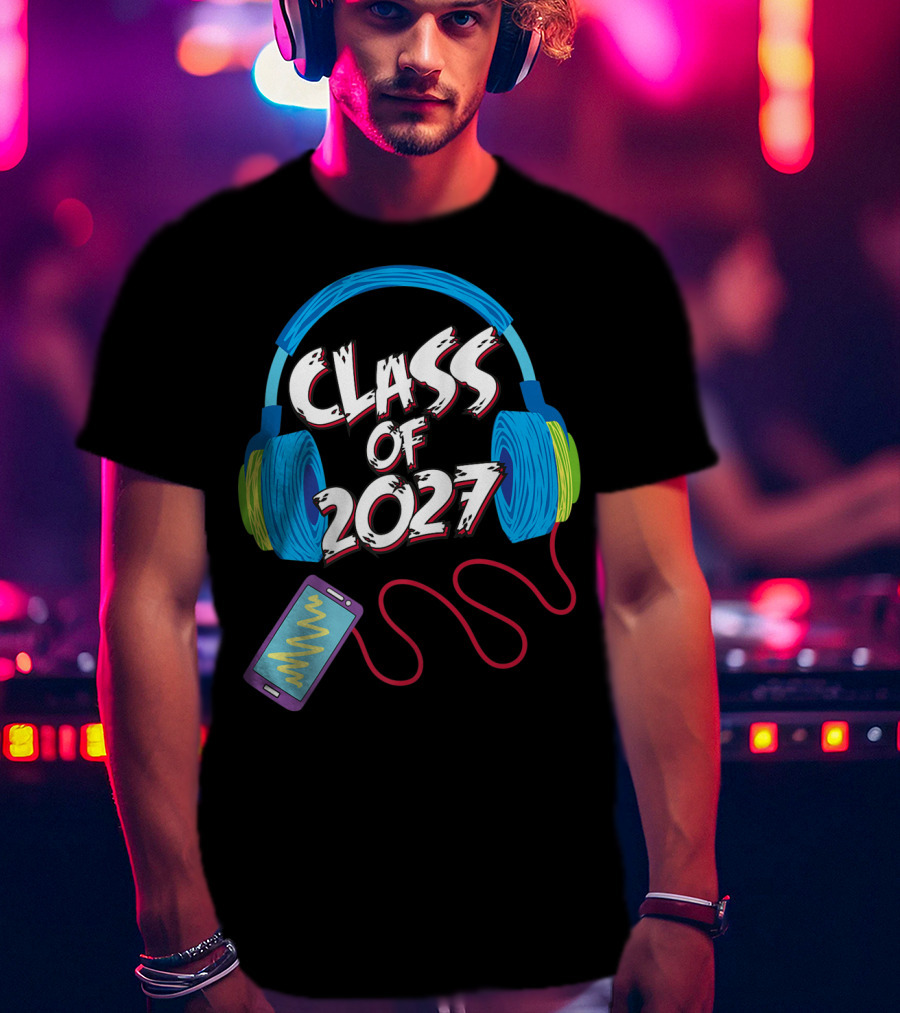 Class Of 2027 Headphones Smartphone 5th Grade Boy Girl T-Shirt