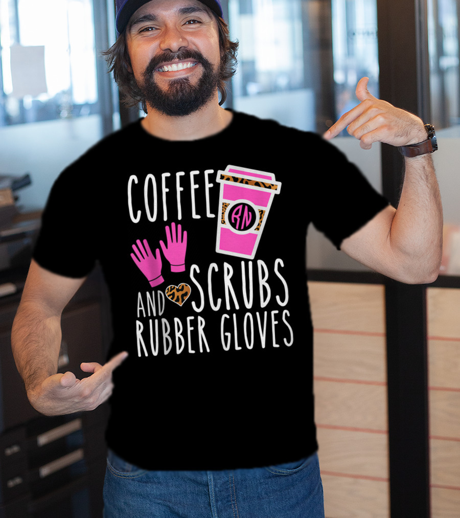 Coffee Scrubs And Rubber Gloves RN Pink Leopard Heart Nursing T-Shirt