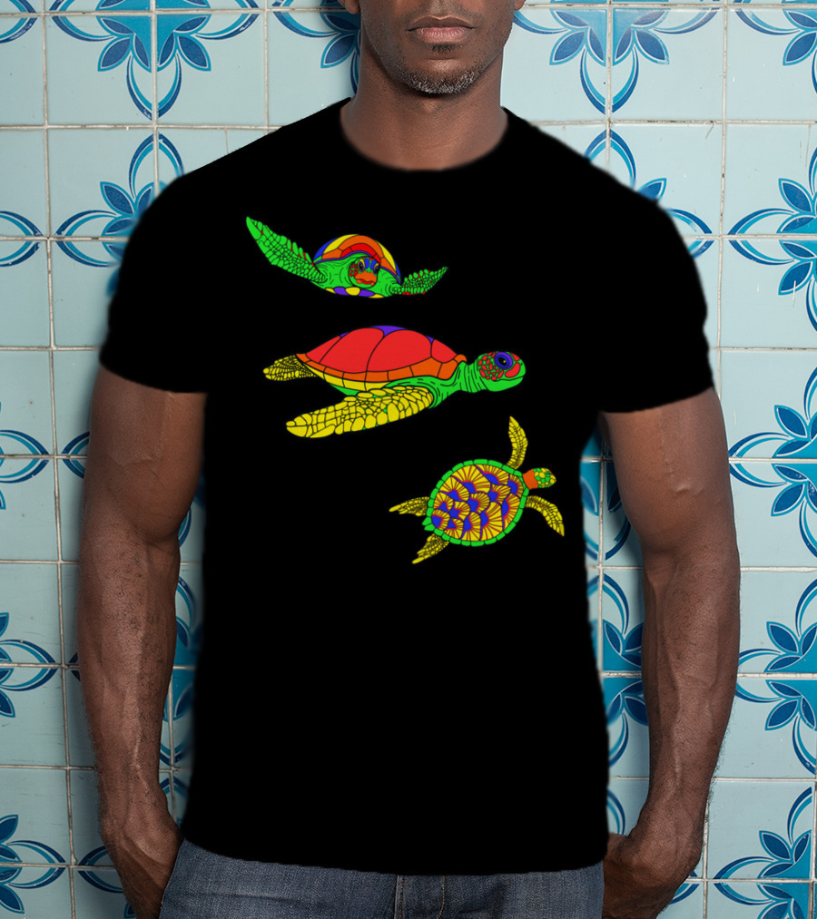 Colorful Swimming Sea Turtle Shell Artful Display T-Shirt