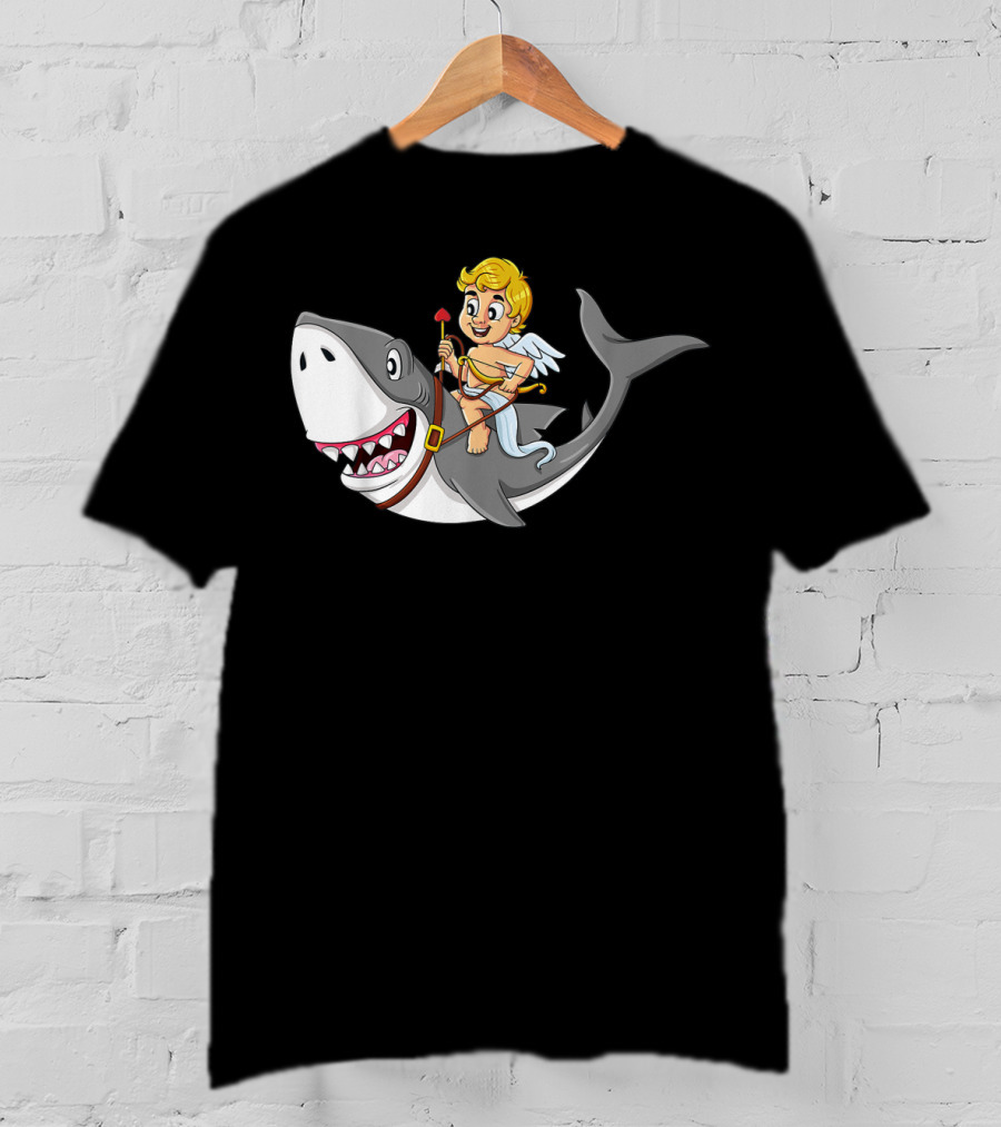 Cupid Riding Shark Valentines Day Iconic Funny Cartoon T-Shirt
