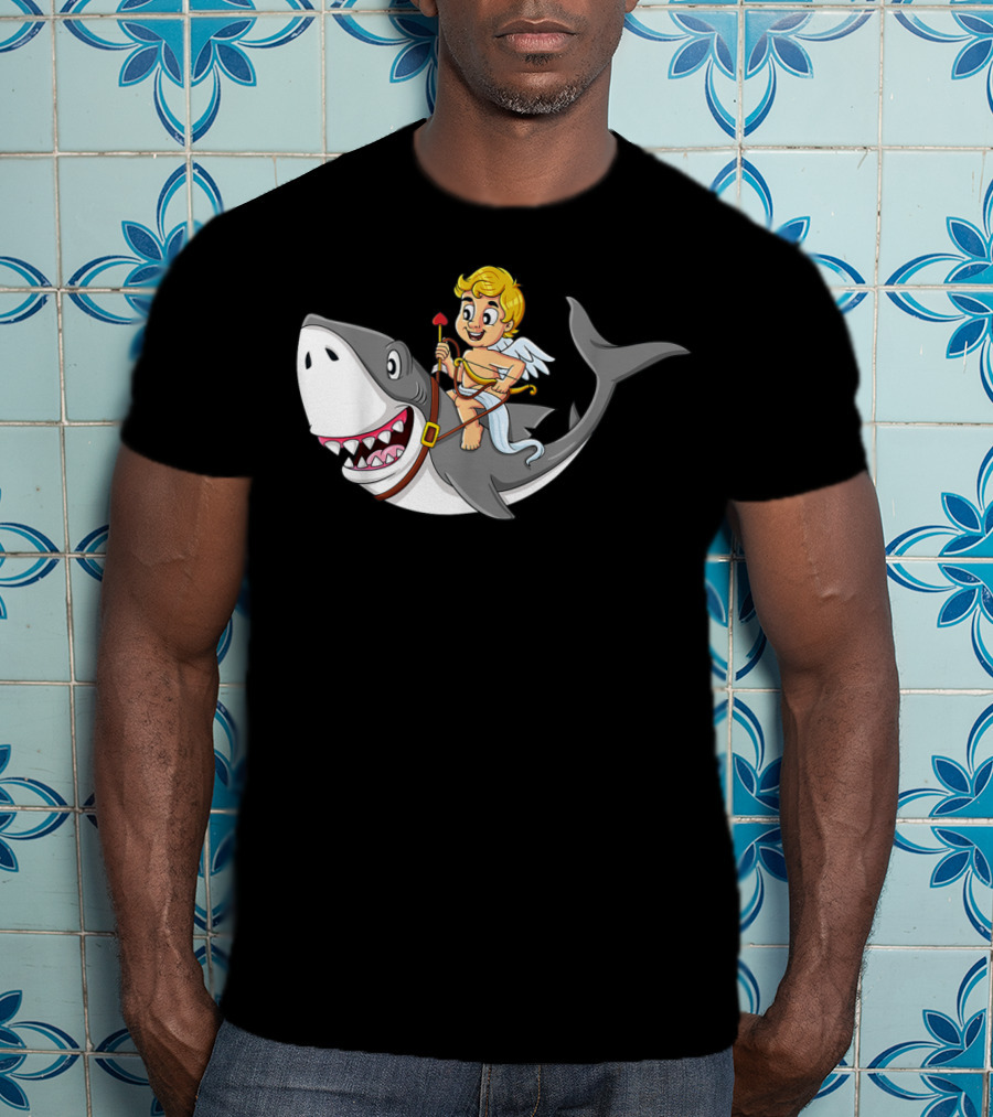 Cupid Riding Shark Valentines Day Iconic Funny Cartoon T-Shirt