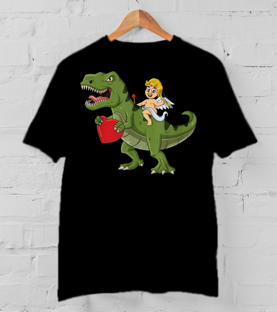 Valentine Cupid On Dinosaur With Heart And Arrow T-Shirt