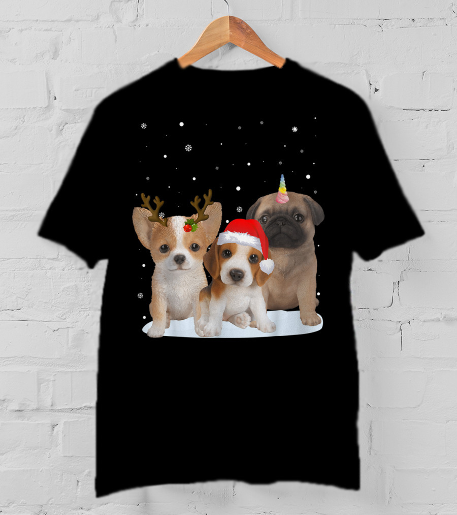 Cute Dogs Reindeer Horns Santa Hat Unicorn Snowflakes T-Shirt